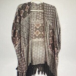 Fringe Open-Front Boho Kimono Jacket in Black & Brown